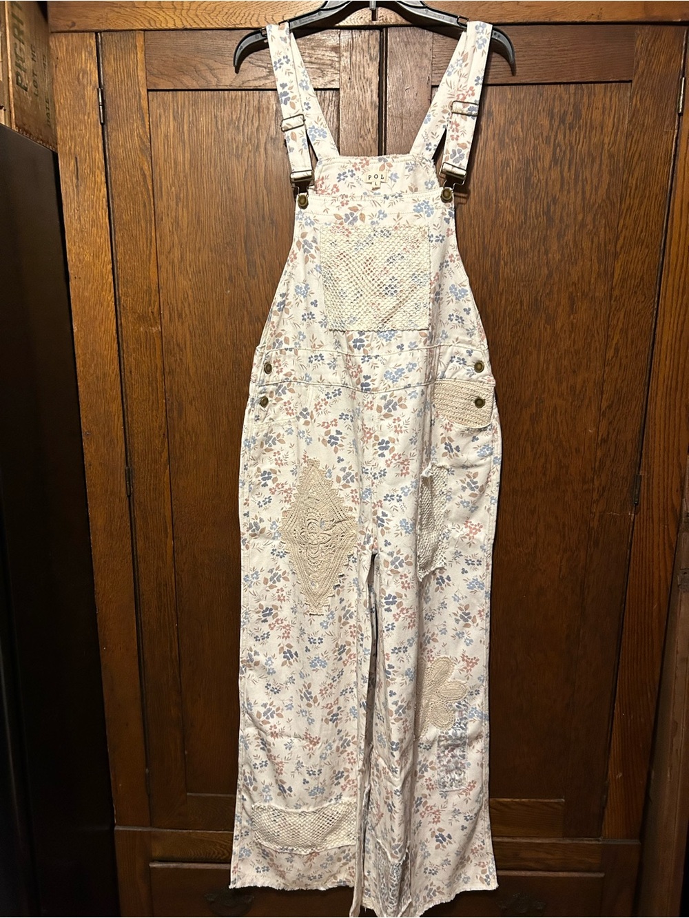 POL Floral Cream Overalls Jumpsuit with Lace Patchwork